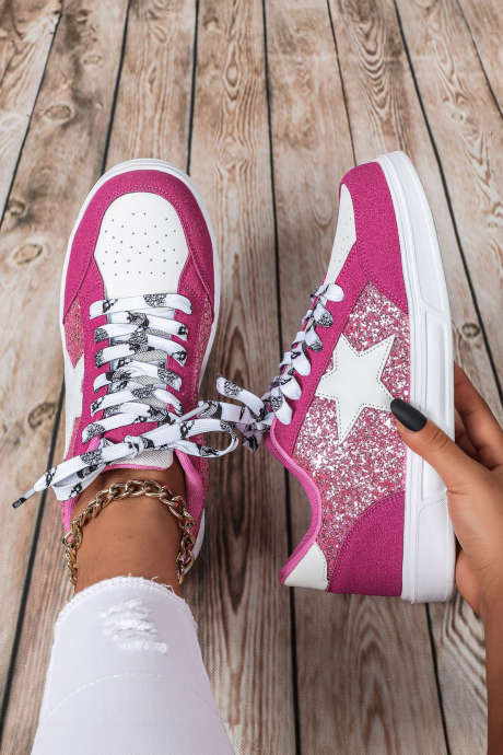 Ruusunpunaiset tyylikkäät väriblokeilla varustetut glitter-tähdellä varustetut nauhalliset matalat kengät