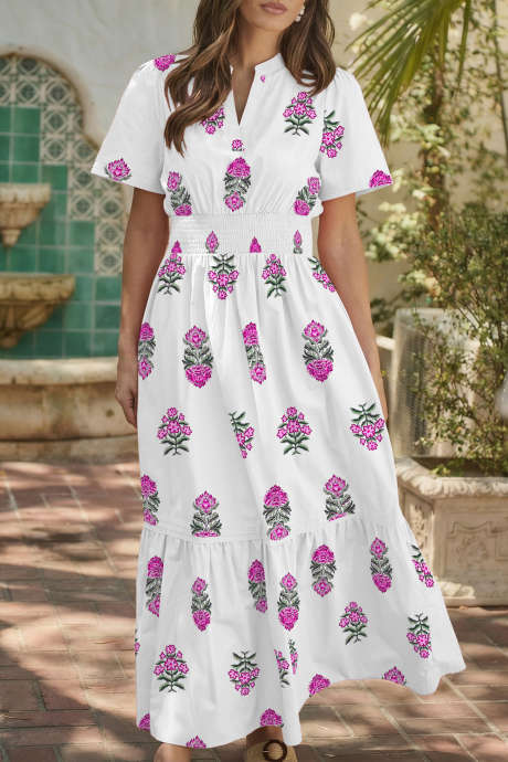 White Floral Print Split Neck Shirred High Waist Ruffle Hem Maxi Dress