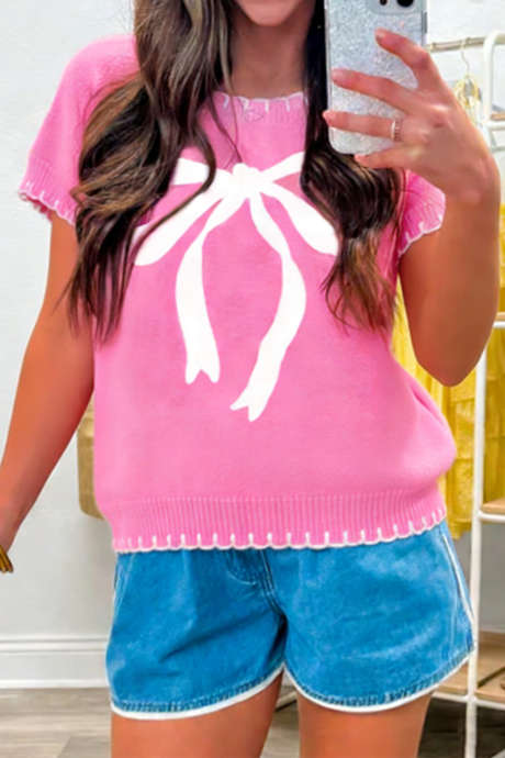 Pussillinen pinkki kontrastireunainen rusettikuvioinen lyhythihainen neulepusero