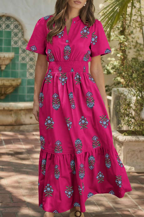 Rose Floral Print Split Neck Shirred High Waist Ruffle Hem Maxi Dress