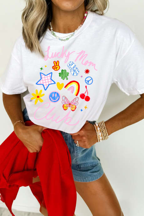 White Lucky Mom Club Vibrant Printed Casual T Shirt LC25231121-1