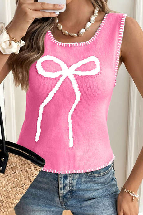 Pussillinen pinkki kontrastivärinen pyöreä kaula-aukkoinen hihaton rusettikoristeinen rento neuleliivi