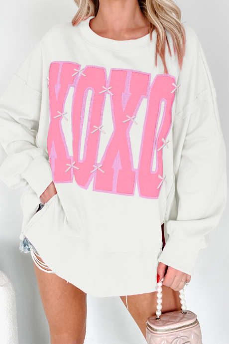 Vit Rosett Paljett XOXO Bokstav Grafik Sömlös Baggy Sweatshirt