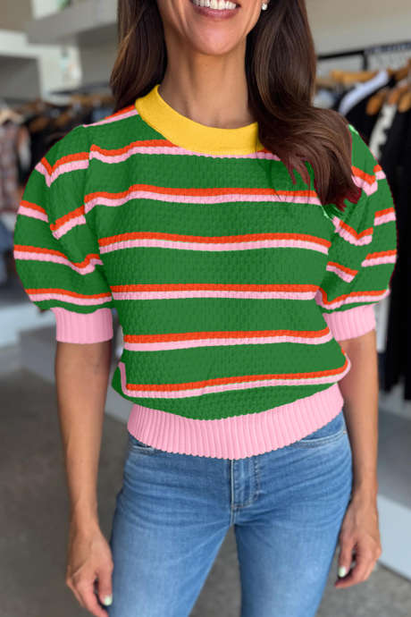 Green Stripe Colorblock Trim Half Sleeve Sweater Top