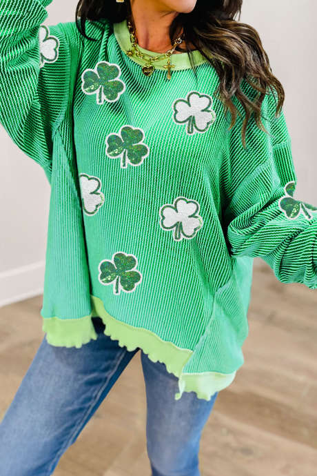 Bright Green Twisted Rib Sequin Clover Patched Color Block Detail Loose Pullover Top LC25136983-P109