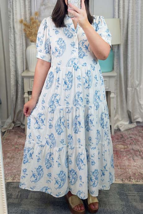 Sky Blue Plus Size Geometric Floral Print Button Split Neck Short Sleeve Maxi Dress