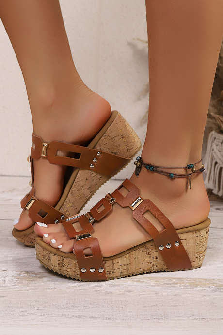 Coffee Retro Hollowed PU Leather Wedge Platform Slippers BH024255-P1017