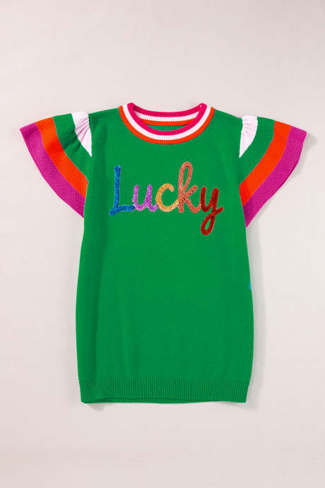 Ljusgrön Glänsande Lucky Randig Tröja Med Fladdrande Ärmar Rundhalsad