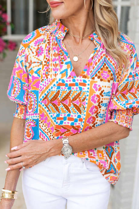 Multicolour Boho Mixed Floral Print V Neck Short Sleeve Blouse