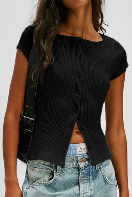 Black Solid Color Ribbed Knit Lace Trim Button Down Short Sleeve Top LC2542606-P2