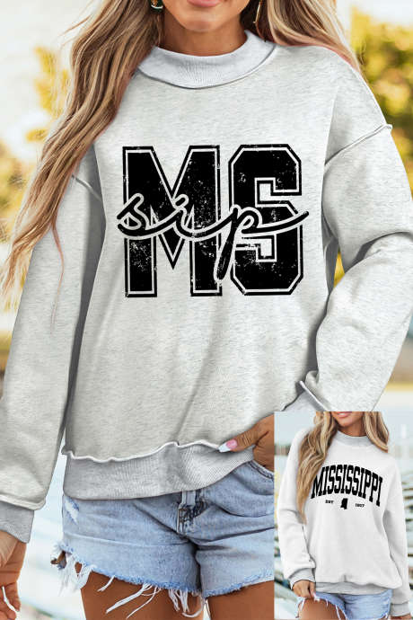 Vaaleanharmaa MS MISSISSIPPI -kaksinkertainen printtikauluksinen collegepaita