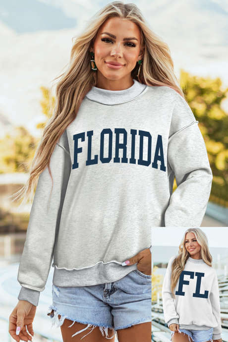 Light Grey FL FLORIDA Double Side Printed Mock Neck Reversible Sweatshirt LC25321182-P1011