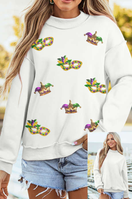 White Mock Neck Sequined Mardi Gras Mask Holiday Sweatshirt LC25321211-P1