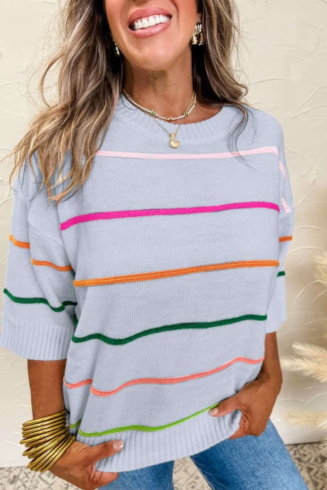 Beau Blue Colorblock Striped Half Sleeve Drop Shoulder Sweater LC2725961-P804