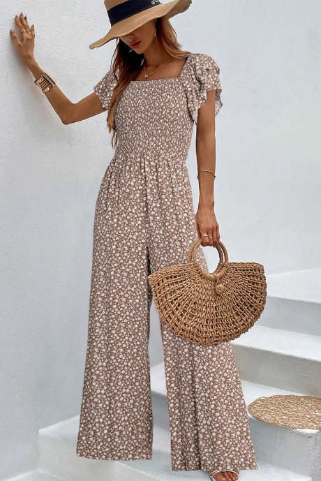Brown Square Neck Ruffled Short Sleeve Wide Leg Floral Jumpsuit LC6413914-P1720