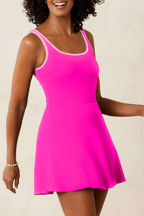 Rose Red Contrast Trim Neckline Active Shorts Attached One Piece Swim Dress LC444691-P6