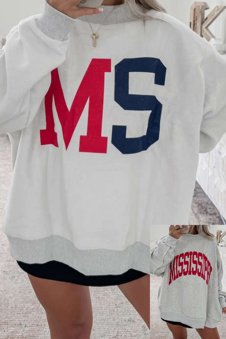 Jasnoszara bluza MS z nadrukiem, dwustronna, prążkowana, z okrągłym dekoltem i łatkami