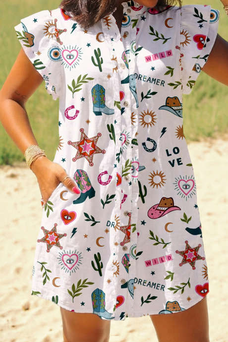 Valkoinen LOVE WILD DREAMER -kuvioitu länsimainen liehuvahihainen napitettava mekko