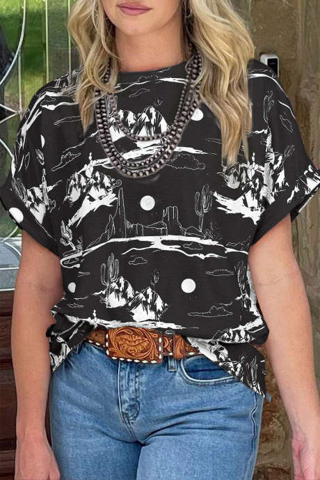 Black Desert Sand Print Short Sleeve Knit Top LC25227653-P2