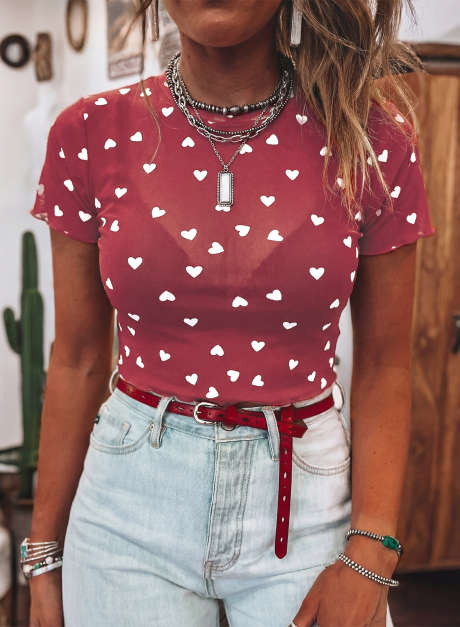 Racingröd Heldragen Hjärttryckt Mesh Kortärmad Topp