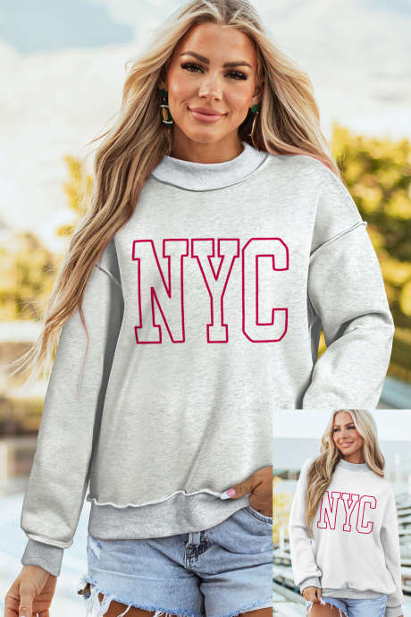 Jasnoszara bluza z nadrukiem i dwustronnym golfem NYC, do noszenia na dwa sposoby