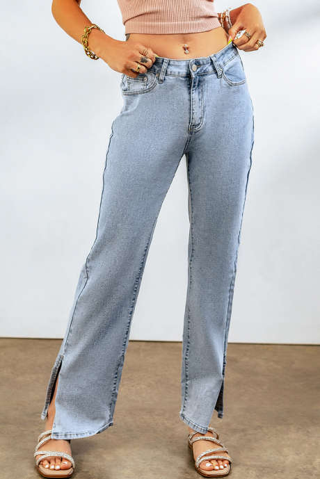 Sky Blue High Rise Slit Anklet Flare Jeans LC781923-4
