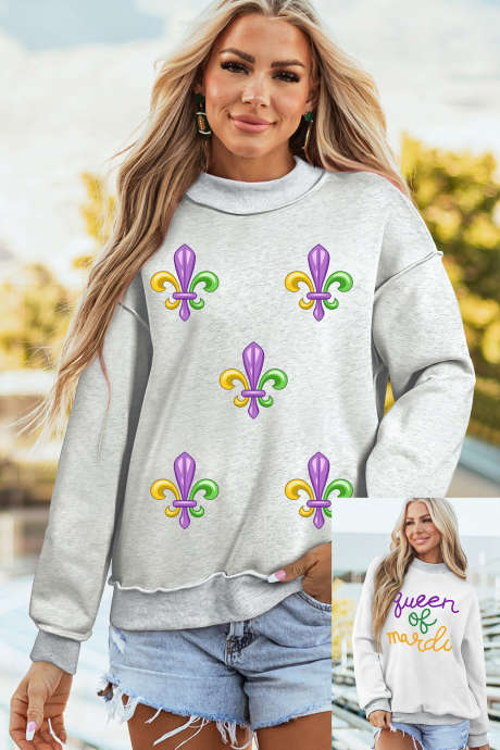 Sweat-shirt gris clair à coutures apparentes, col montant, imprimé fleur de lys et épaules tombantes LC25321085-P1011