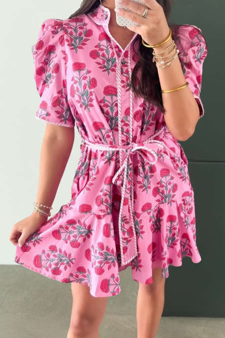 Pink Floral Print Contrast Striped Trim Belted Mini Dress
