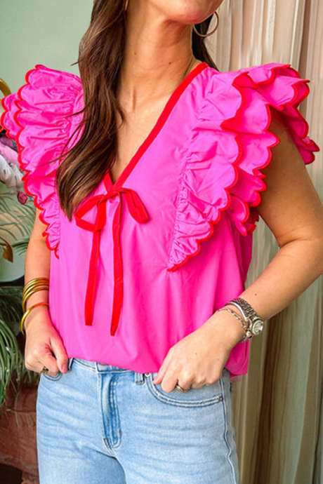 Bright Pink Contrast Trim Ribbon V Neck Scalloped Ruffle Short Sleeve Blouse