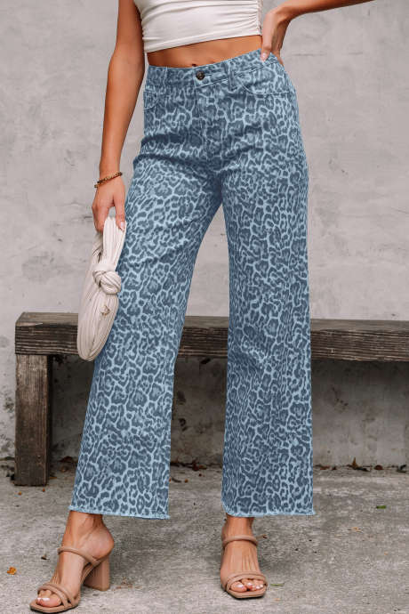 Sky Blue Leopard Frayed Edge Wide Leg High Waist Jeans LC7875449-P420