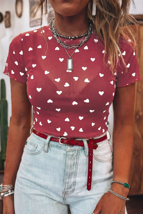 Haut à manches courtes en maille imprimée de cœurs rouges (LC25135777-P603)