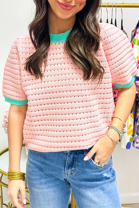 Apricot Pink Pointelle Knit Contrast Trim Round Neck Short Puff Sleeve Sweater