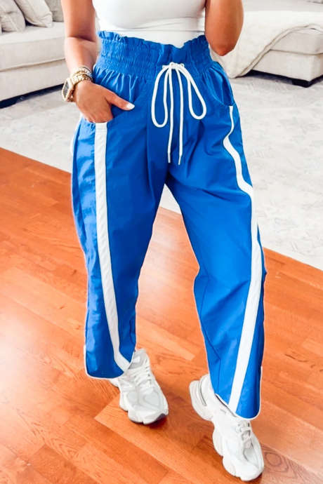 Sky Blue Contrast Trim Smocked Waist Varsity Windbreaker Pants