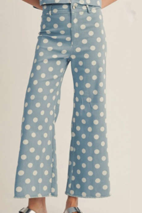 Nebesno modre kavbojke z visokim pasom in širokimi pikami ter obrabljenim robom