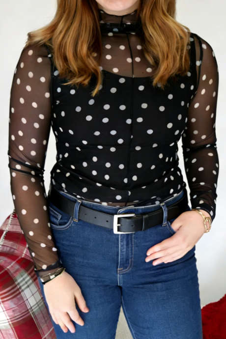 Black Plus Size High Neck Mesh Polka Dot Top