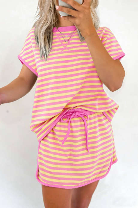 Pink Stripe Short Sleeve Top and Skirt Set