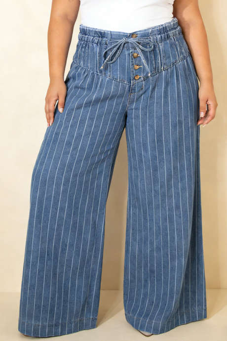 Sky Blue Stripe Plus Size Buttoned Loose Wide Leg Denim Pants