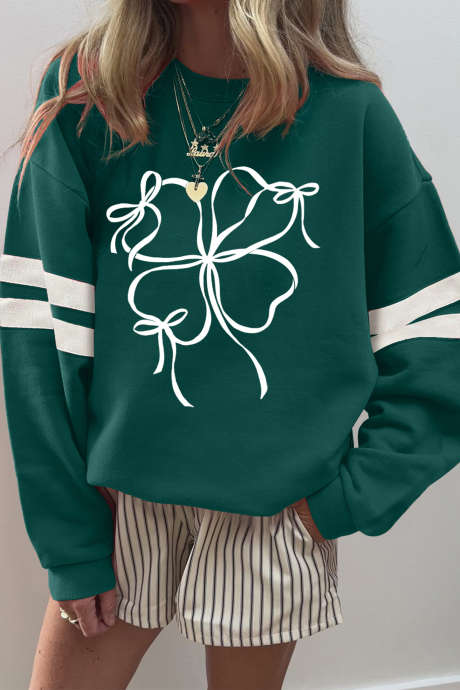 Evergreen Ribbon Bow Lucky Clover Varsity Striped Sleeve Casual Sweatshirt LC25321267-P2509