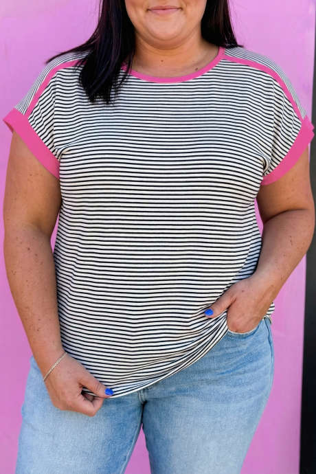 Rose Stripe Contrast Trim Plus Size Casual T Shirt