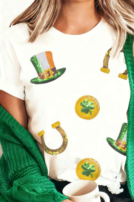 Valkoinen Pyhän Patrickin päivän paljettikuvioinen rento T-paita