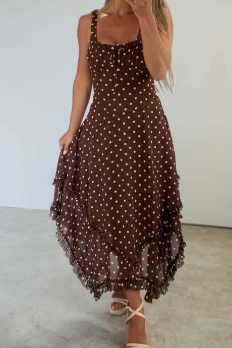 Coffee Polka Dot Print Tie Square Neck Frilled Trim Irregular Hem Sleeveless Dress