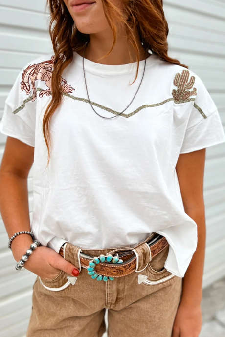 White Western Fashion Embroidered Casual Tee