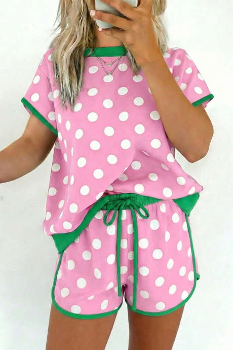 Pink Polka Dot Contrast Edge Casual Short Set