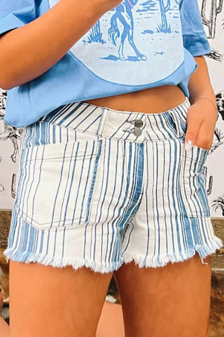 Sky Blue Stripe Double Button Low Rise Denim Shorts