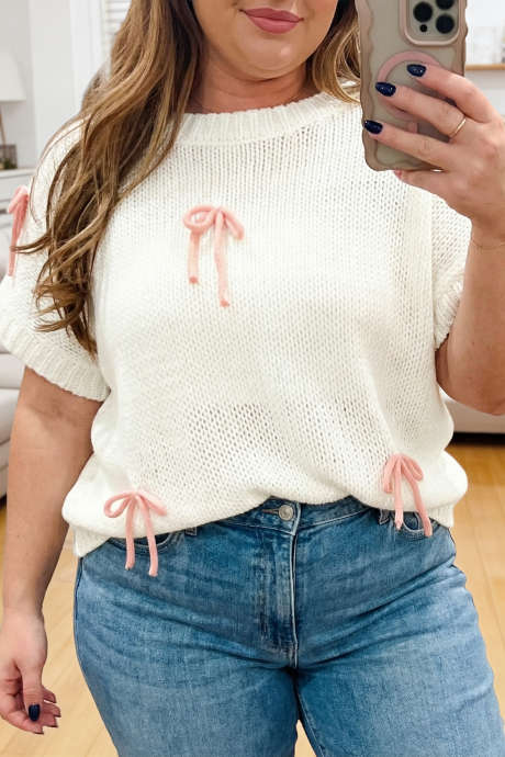 White Knot So Basic Short Sleeve Cream Pullover