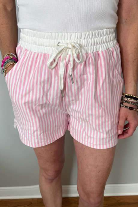 Pink Stripe Contrast Drawstring Elastic Waist Shorts