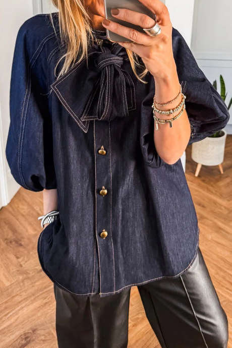 Navy Blue Denim Bow Shirt