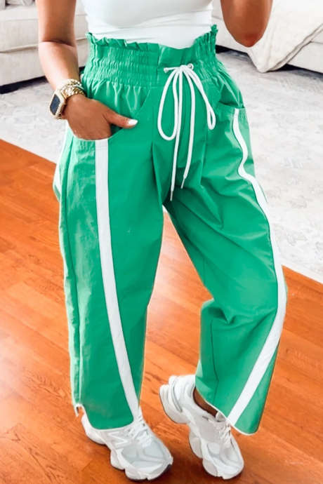 Bright Green Contrast Trim Smocked Waist Varsity Windbreaker Pants