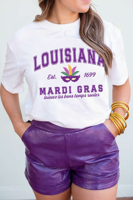 White LOUISIANA MARDI GRAS Retro Print T Shirt LC25231138-1