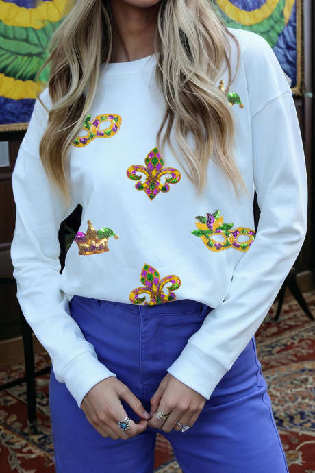 Valkoinen paljetein koristeltu Mardi Gras Elements -naisten pitkähihainen paita